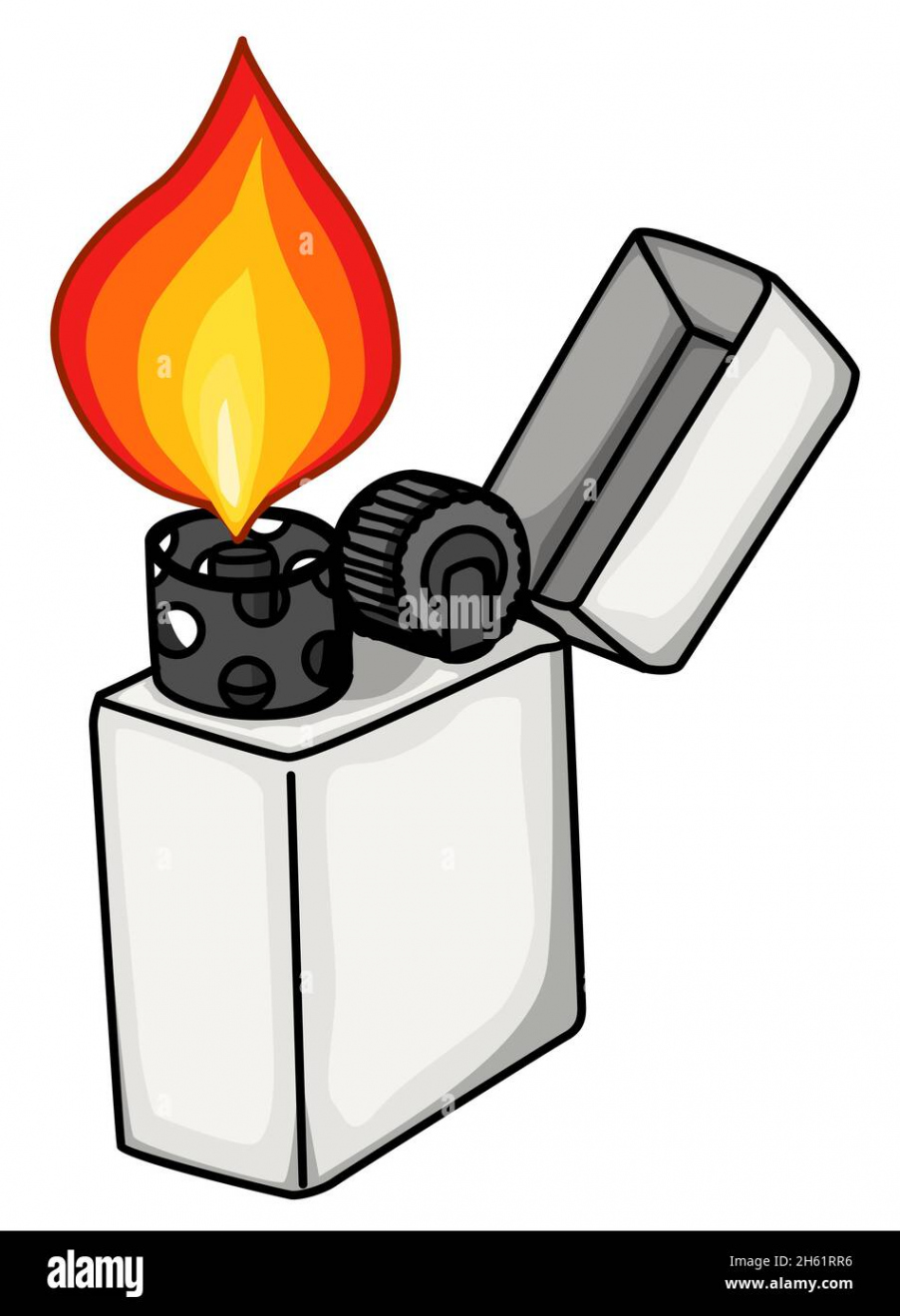 Burning fire pocket lighter object cartoon color drawing, vector