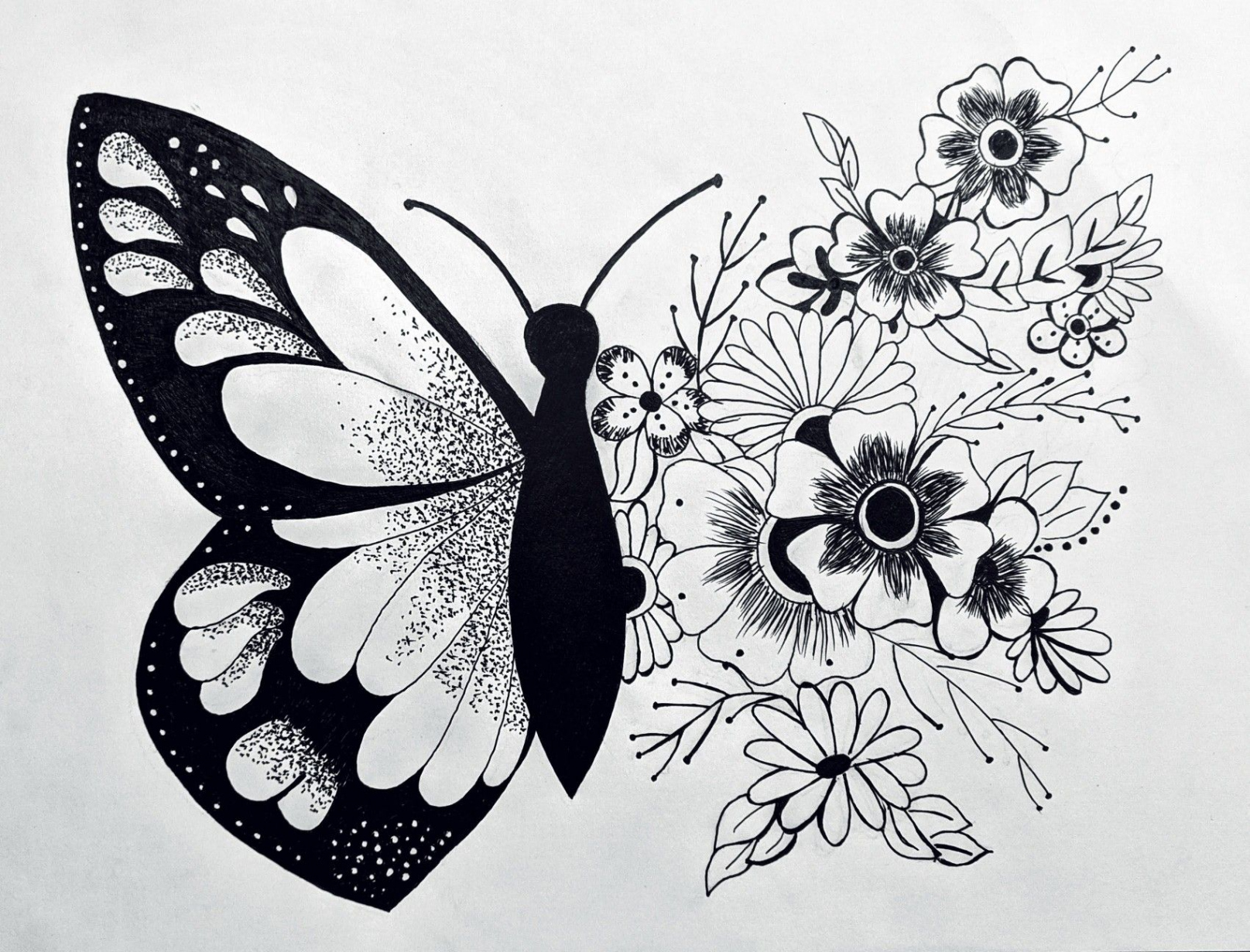 butterfly and flowers  Butterfly drawing, Butterfly drawing