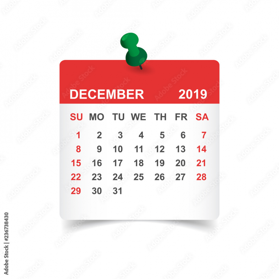 Calendar december  year in paper sticker with pin