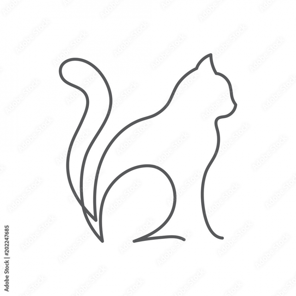 Cat continuous line drawing - cute pet sits with and holds tail