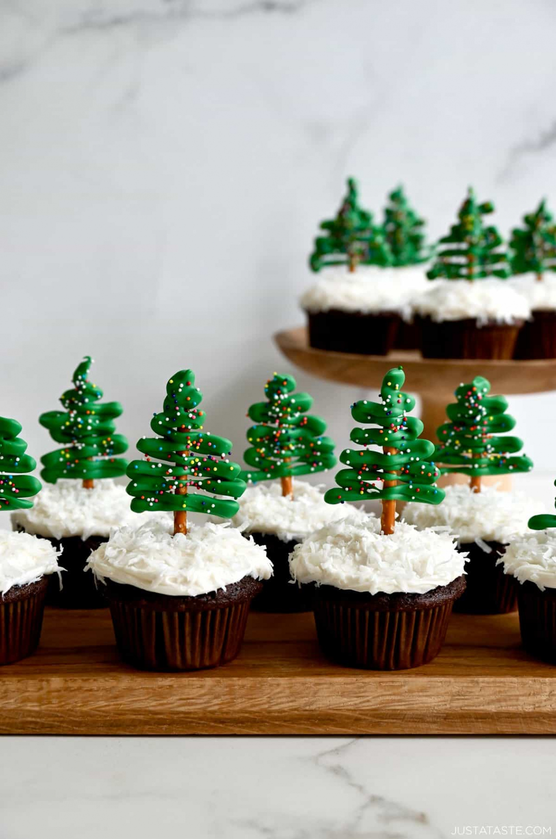 Chocolate Christmas Tree Cupcakes with Cream Cheese Frosting