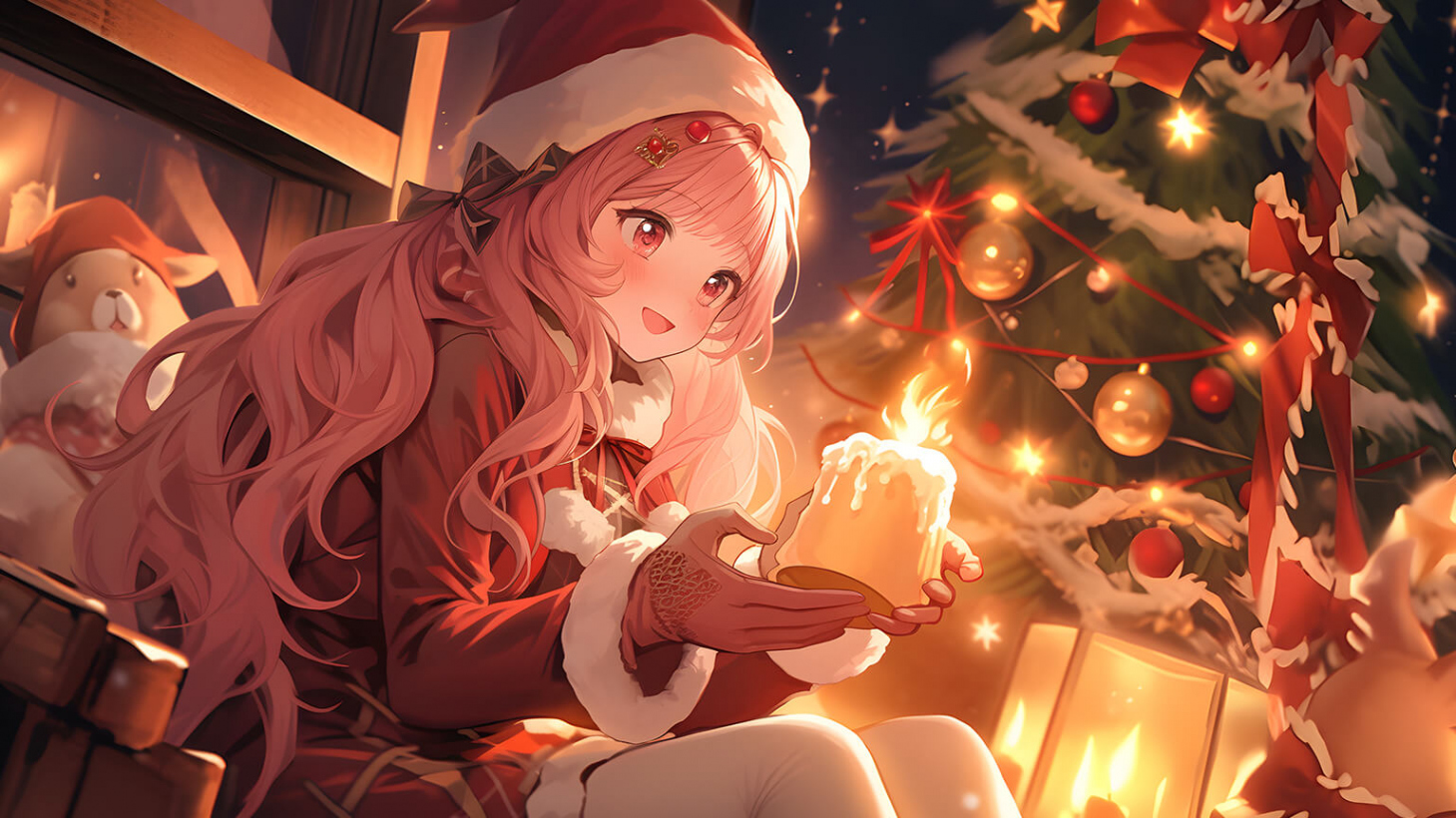 Christmas Anime Girl with Candle Desktop Wallpaper Free in K