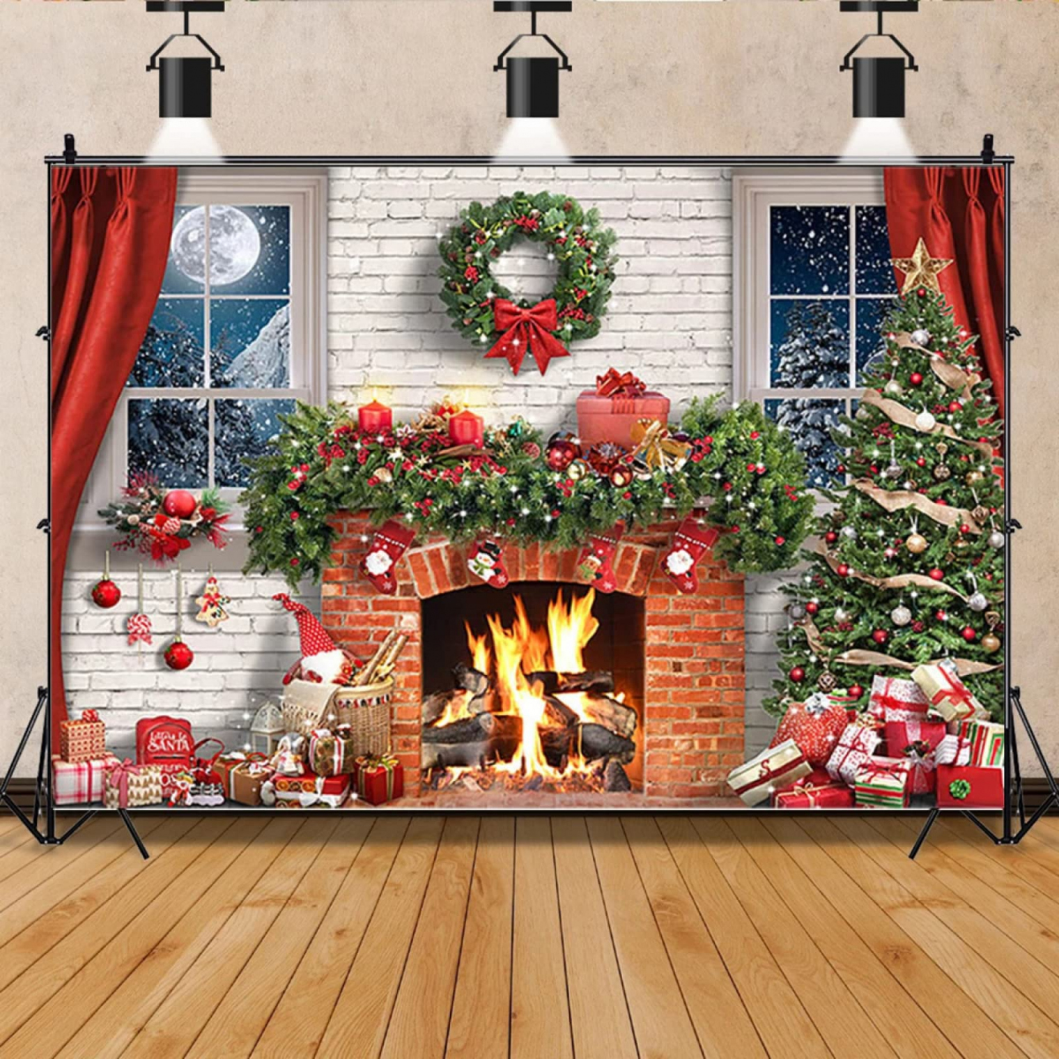 Christmas Background White Brick Wall Fireplace Christmas Tree