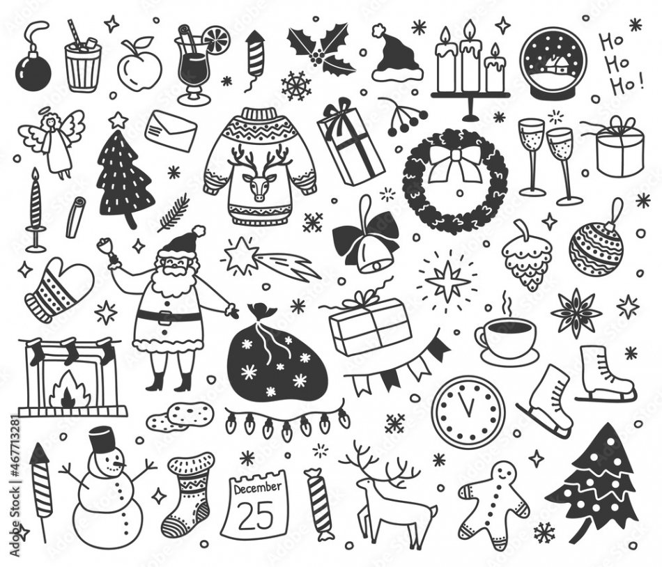 Christmas doodles, hand drawn xmas sketch drawings