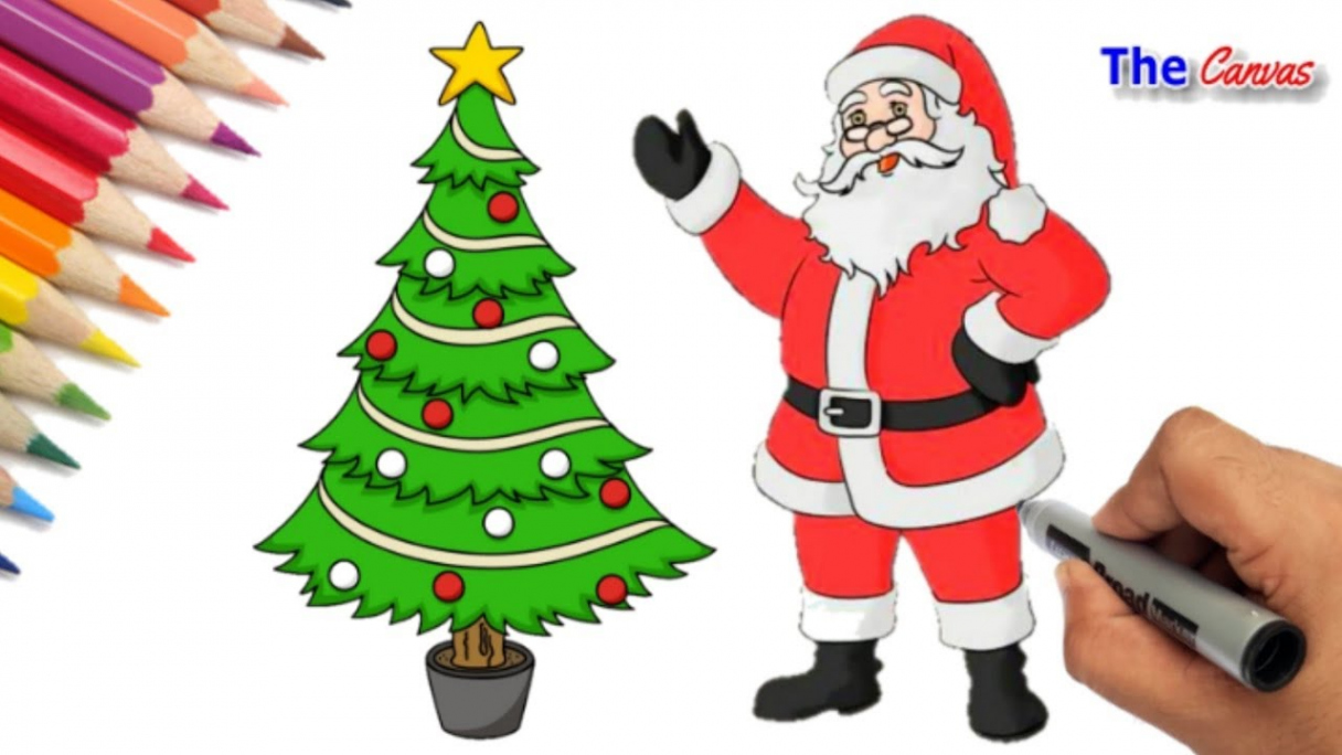 Christmas Drawing Santa - How To Draw Santa Claus and christmas tree   Santa Claus Drawing