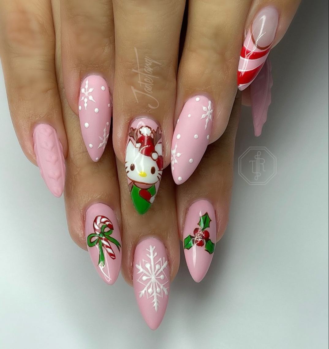 Christmas Hello Kitty Nails  Soft nails, Long acrylic nails