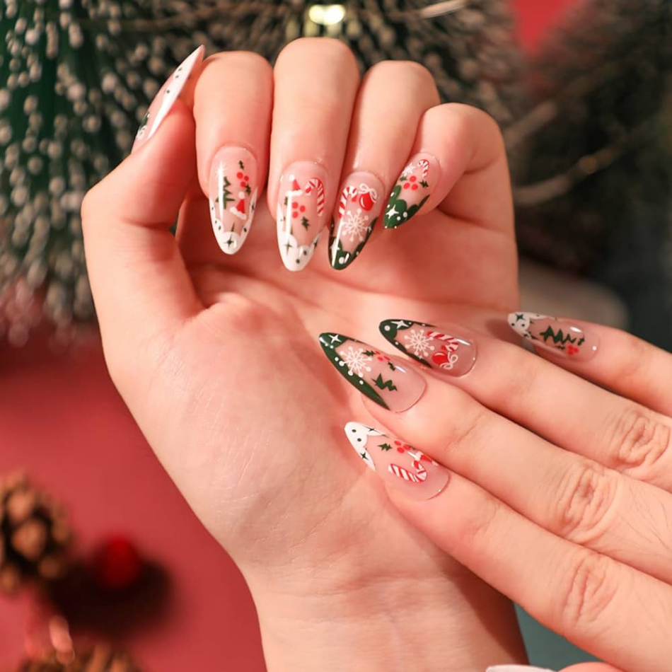 Christmas Press on Nails Medium Length Almond Christmas Fake Nails Glossy  Christmas False Nails Full Cover Christmas Acrylic Nails Cute Funny Nail