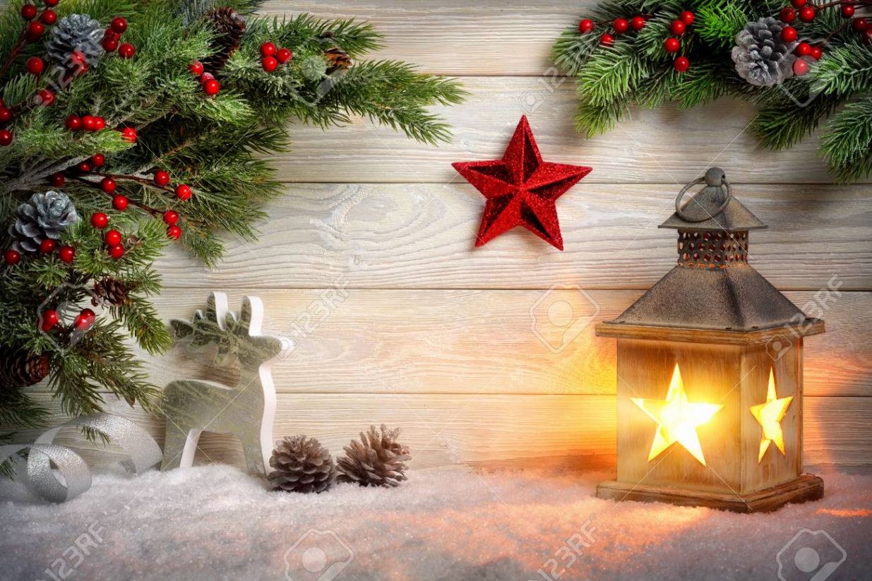 Christmas Scene Background With A Lantern, Fir Branches, Red Star