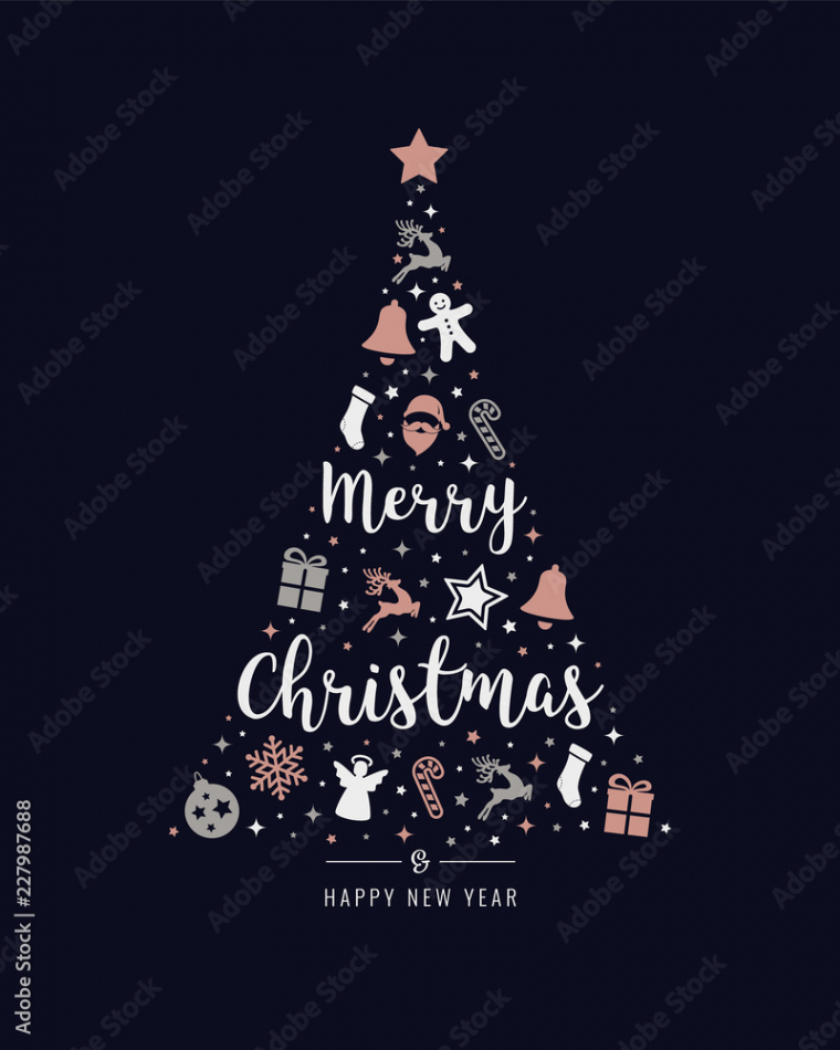 christmas tree rose gold icon elements lettering blue background