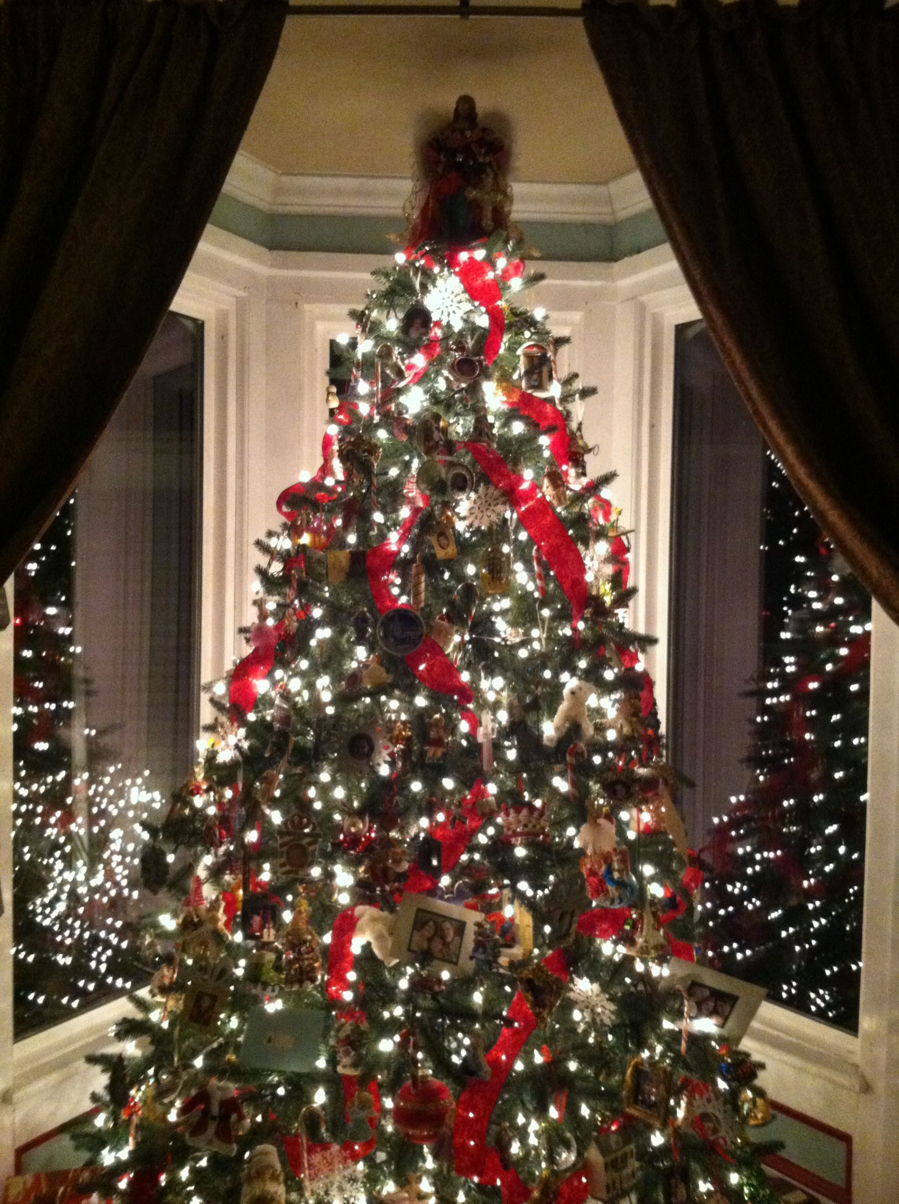 Christmas tree w velvet ribbons, collected ornaments and white