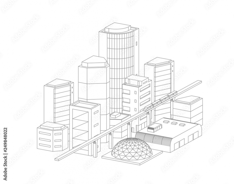 City landscape drawing. Modern architecture, buildings