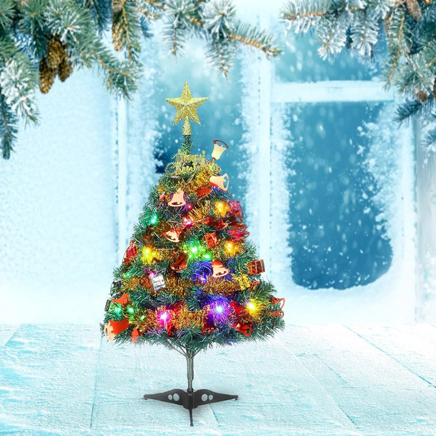 cm table-top Christmas tree, artificial mini Christmas pine with LED  fairy lights and decorations