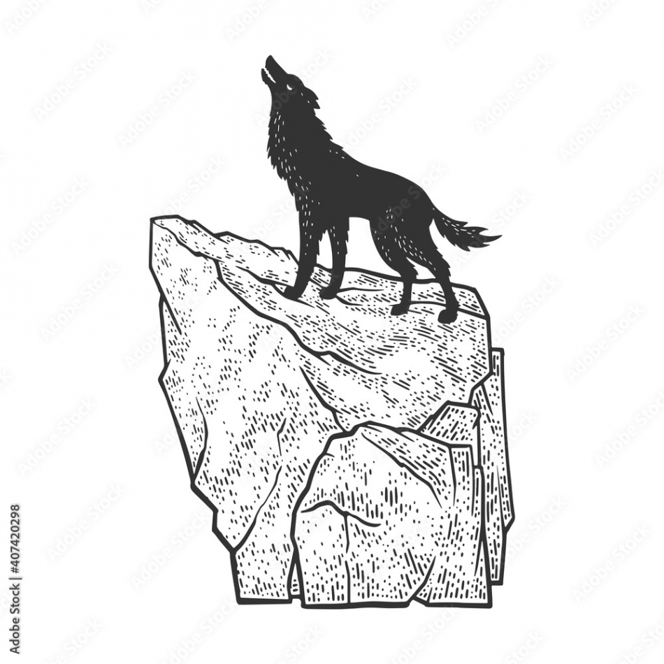 coyote wolf howling on rock sketch engraving vector illustration