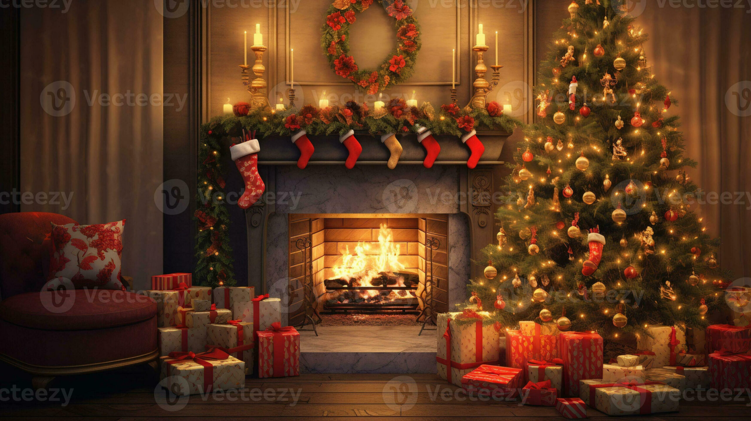 Cozy Christmas interior with a glowing tree, fireplace, and