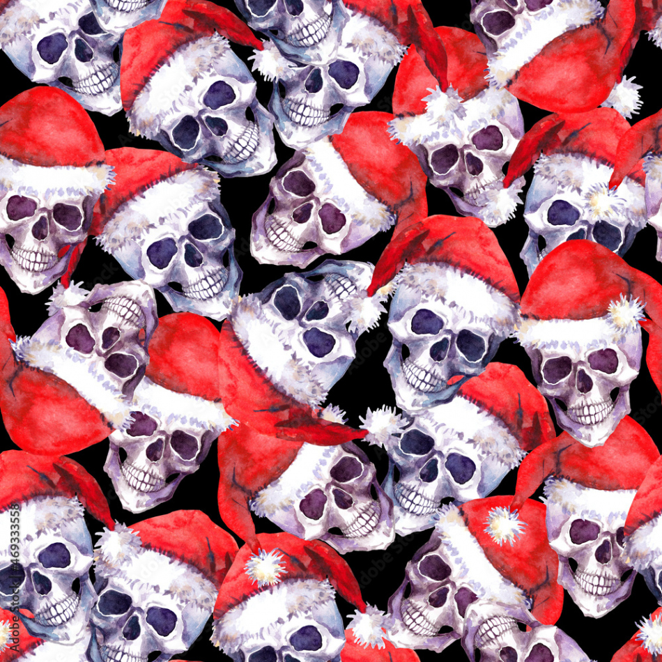 Creepy Christmas - skulls in red holiday hats seamless pattern