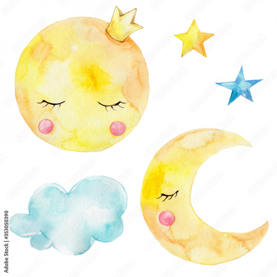 Cute cartoon moon and stars and cloud; watercolor hand draw