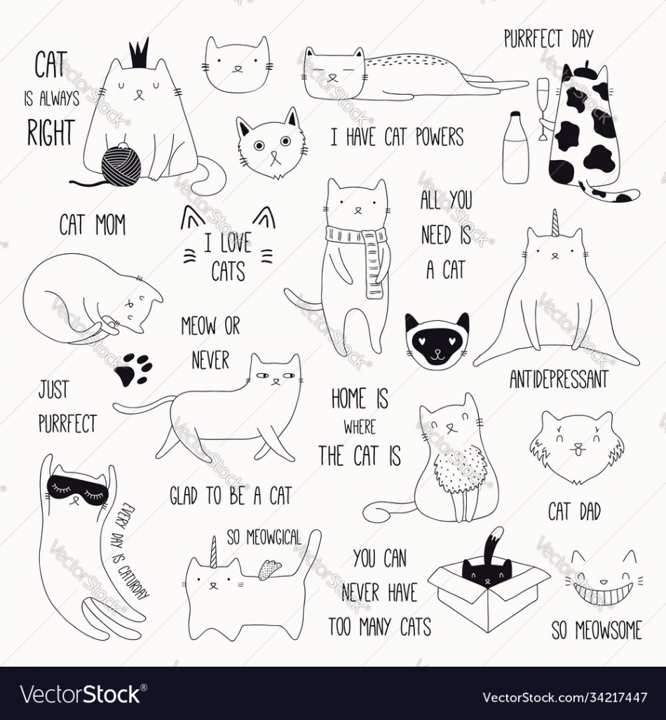 Cute cat doodles and quotes set Royalty Free Vector Image