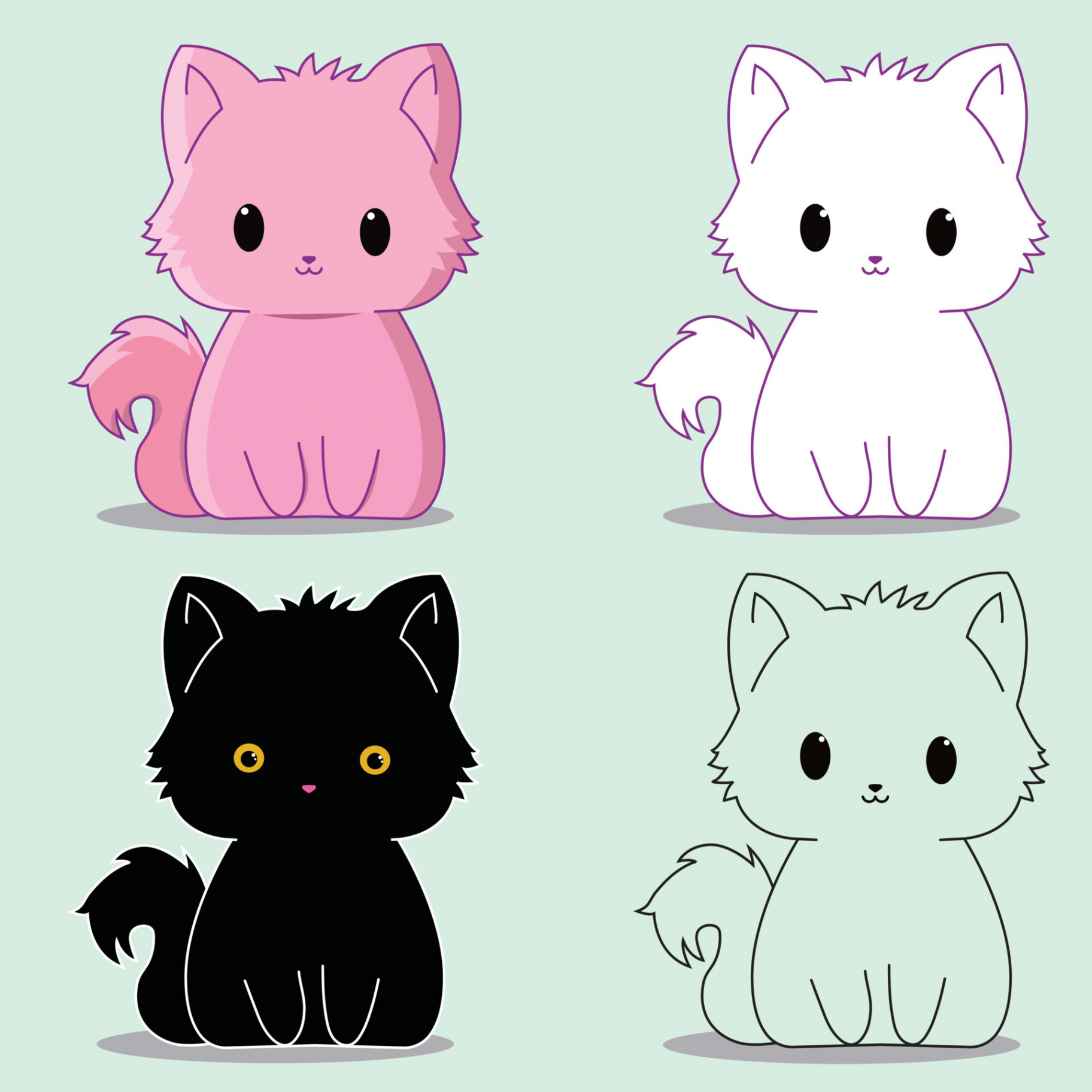 Cute cat sitting cartoon in pink white black and one with the