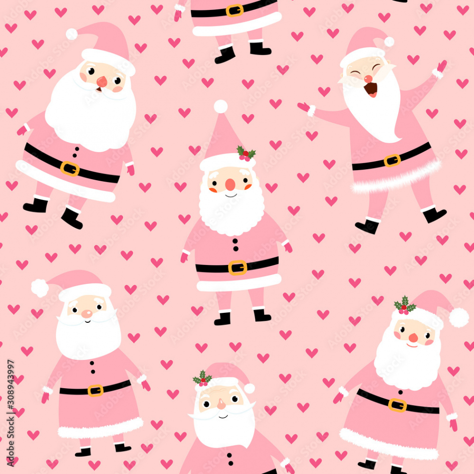 Cute Christmas seamless pattern with Santa Claus and hearts on