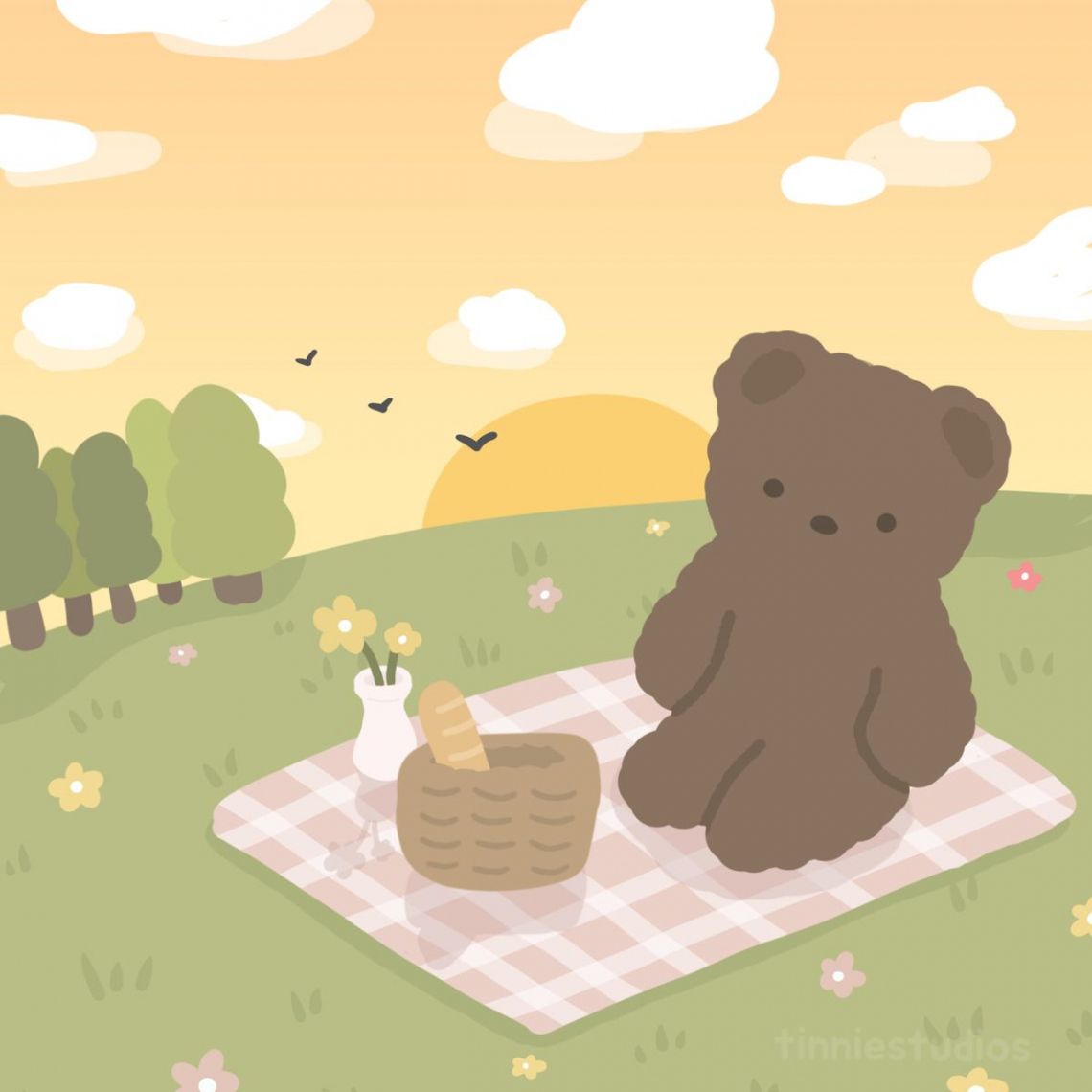 cute, soft bear sunset picnic  tinniestudios  korean aesthetic