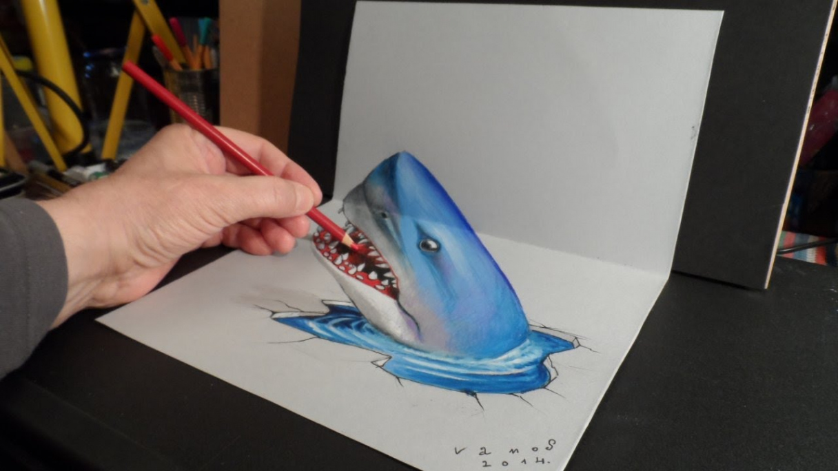 D Trick Art - Drawing a Shark - Optical Illusion