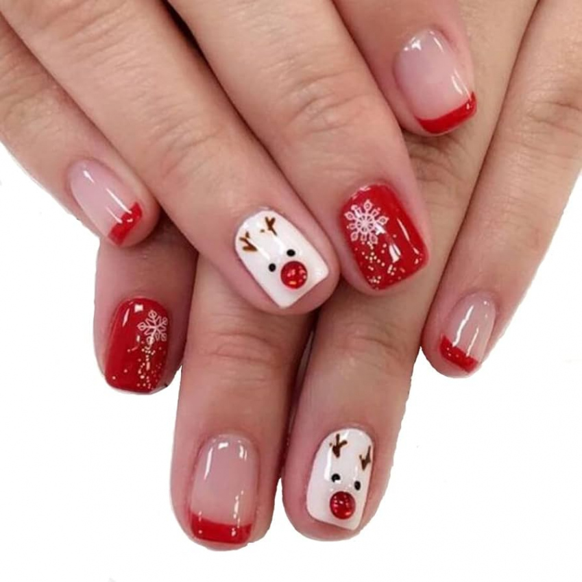 Daterkey  Pieces Christmas Nails Short Square Fake Nails Red Elk