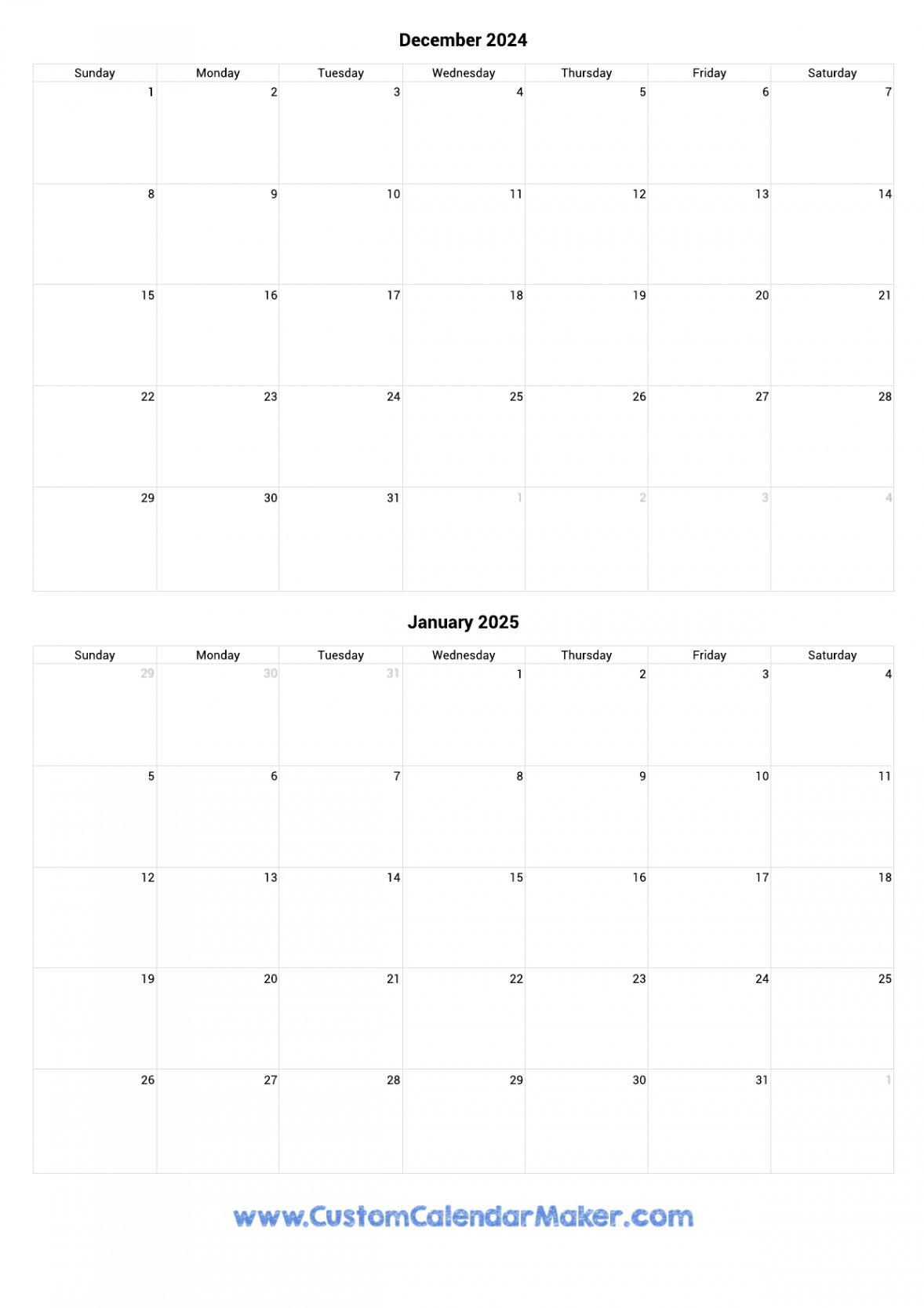 December  and January  Printable Calendar Template