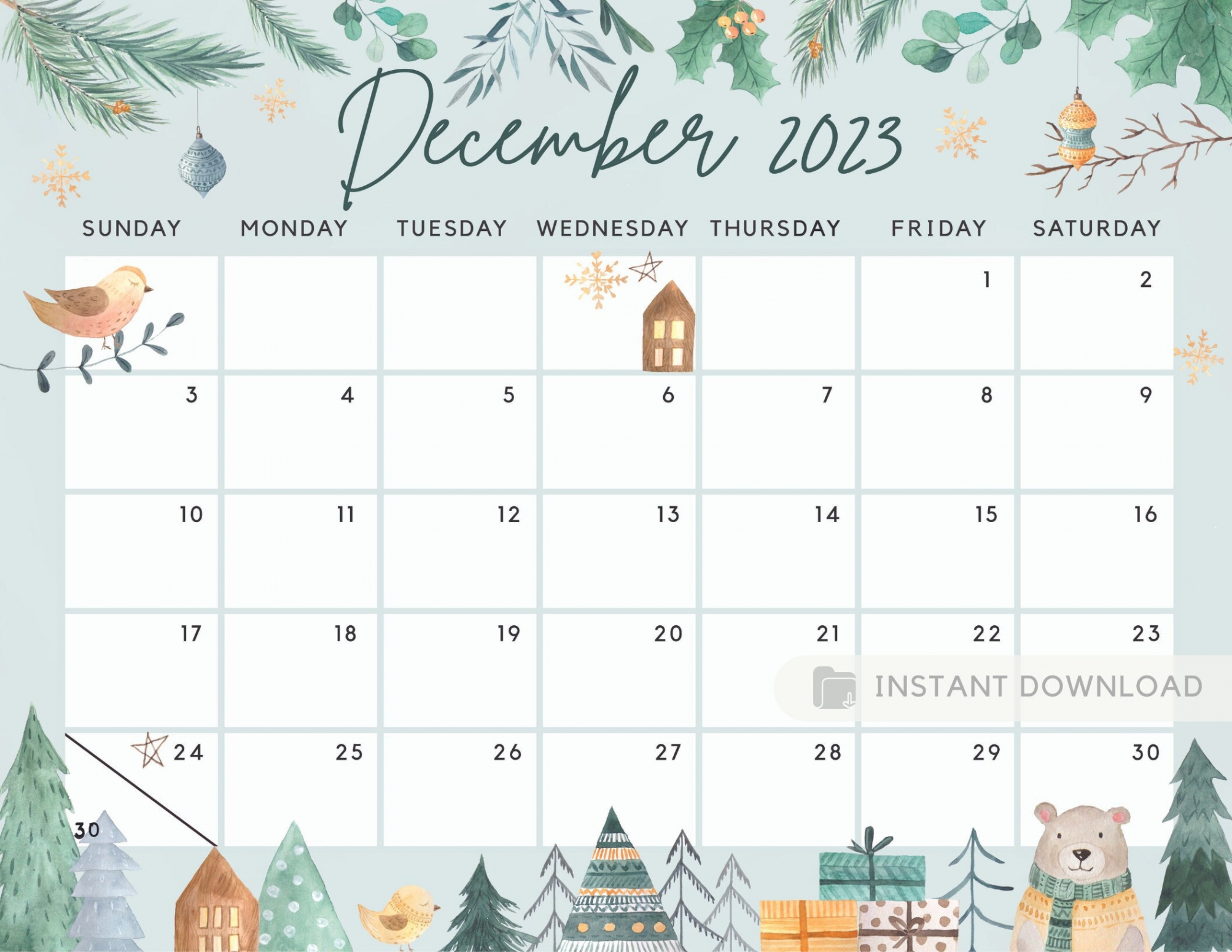 December  Bear Calendar Cute & Fun Winter White Christmas