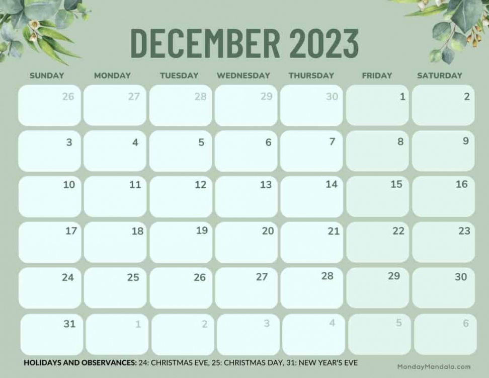 December  Calendar ( Free PDF Printables)