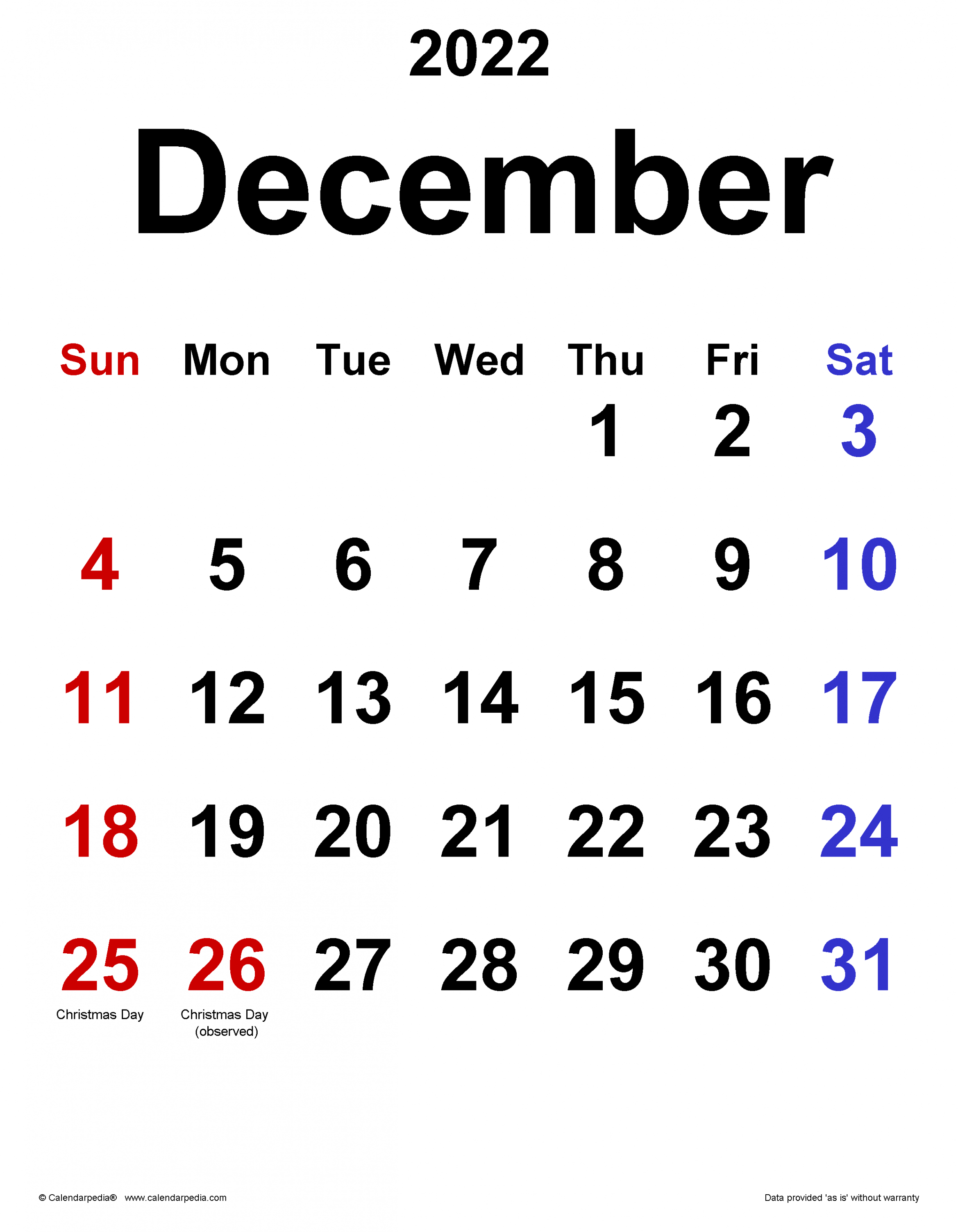 December  Calendar  Templates for Word, Excel and PDF