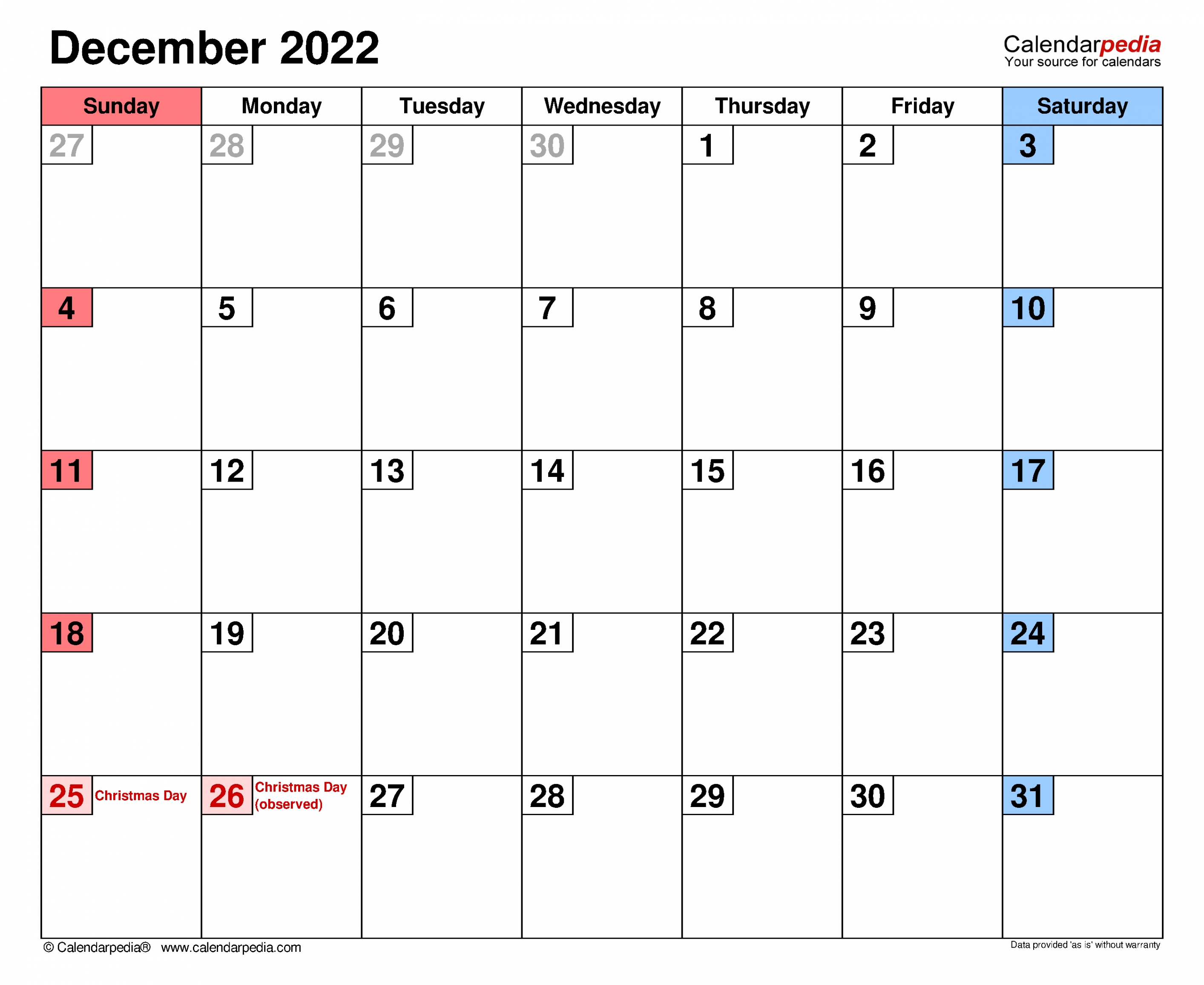 December  Calendar  Templates for Word, Excel and PDF