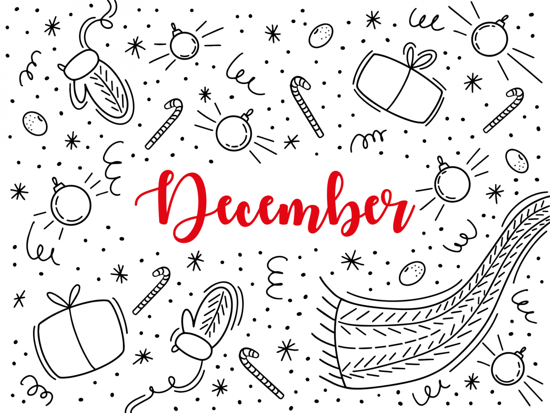 december, calendar, winter doodles, gifts, holidays, christmas