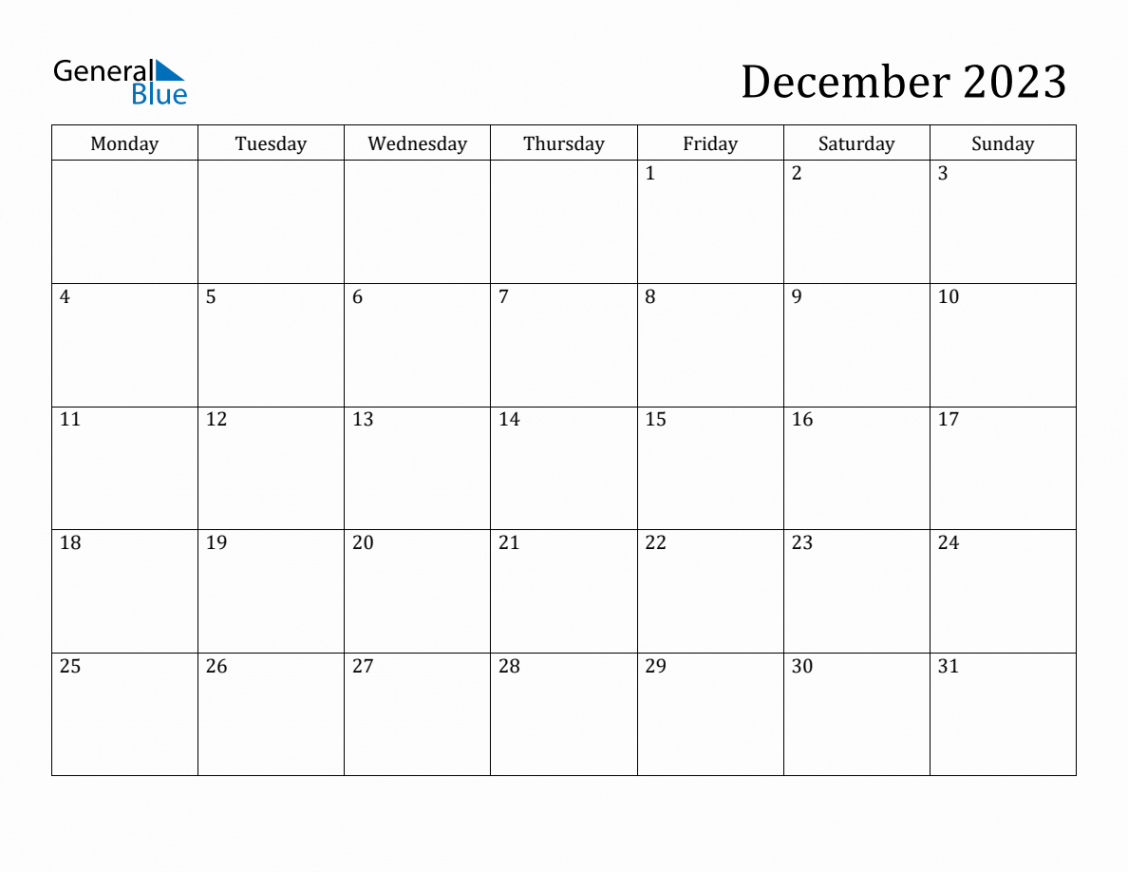 December  Monday Start Calendar (PDF, Excel, Word)