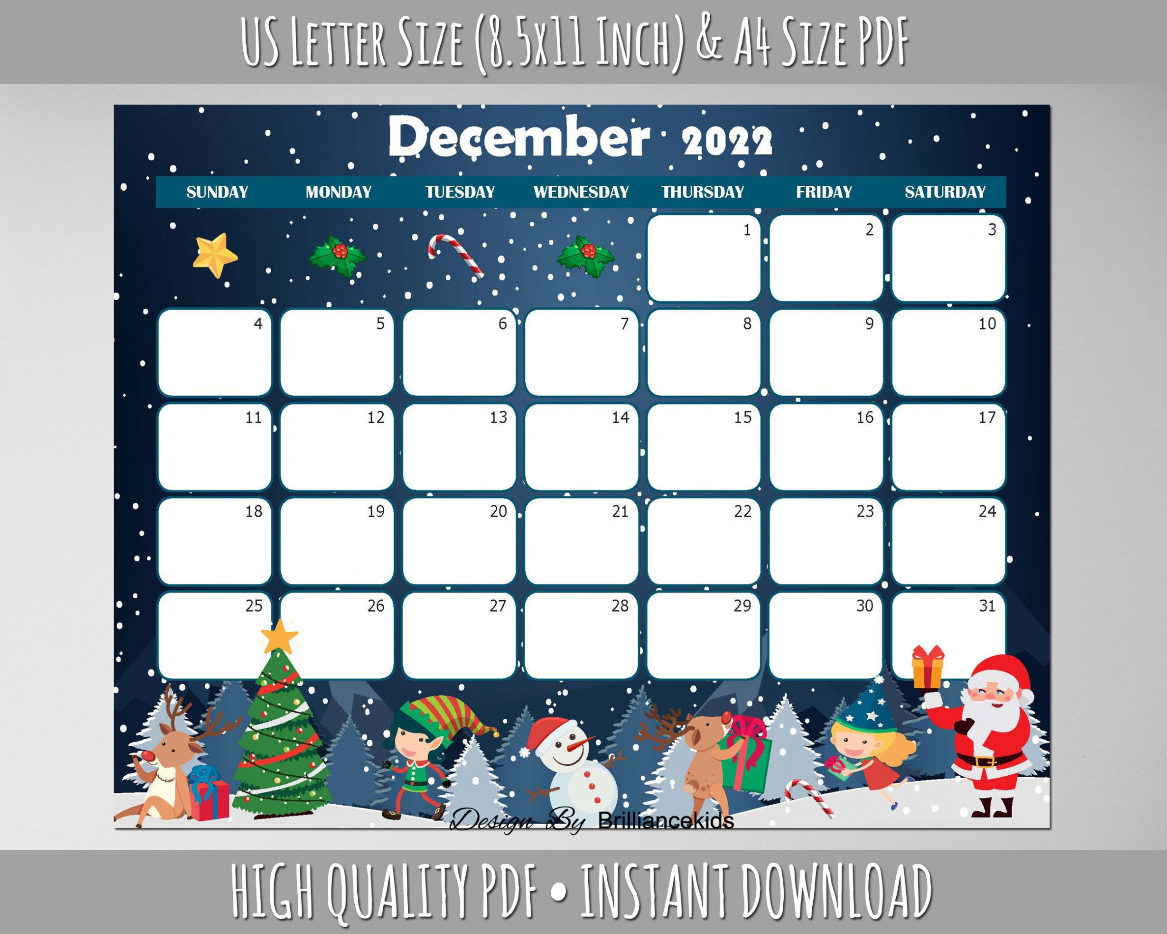 December Month Calendar , Printable, Santa, Kids, Snowman, costumes,  Cute, snow, planner inserts, reindeer, gift, kids room calendar