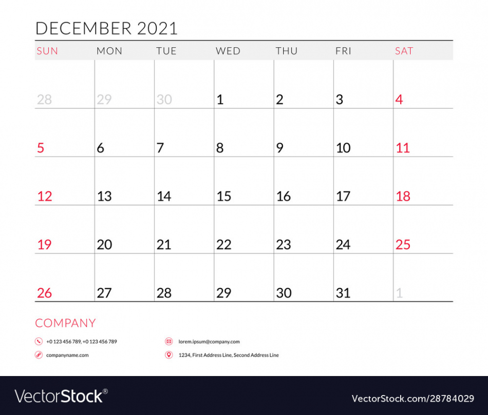 December  monthly calendar planner printable Vector Image