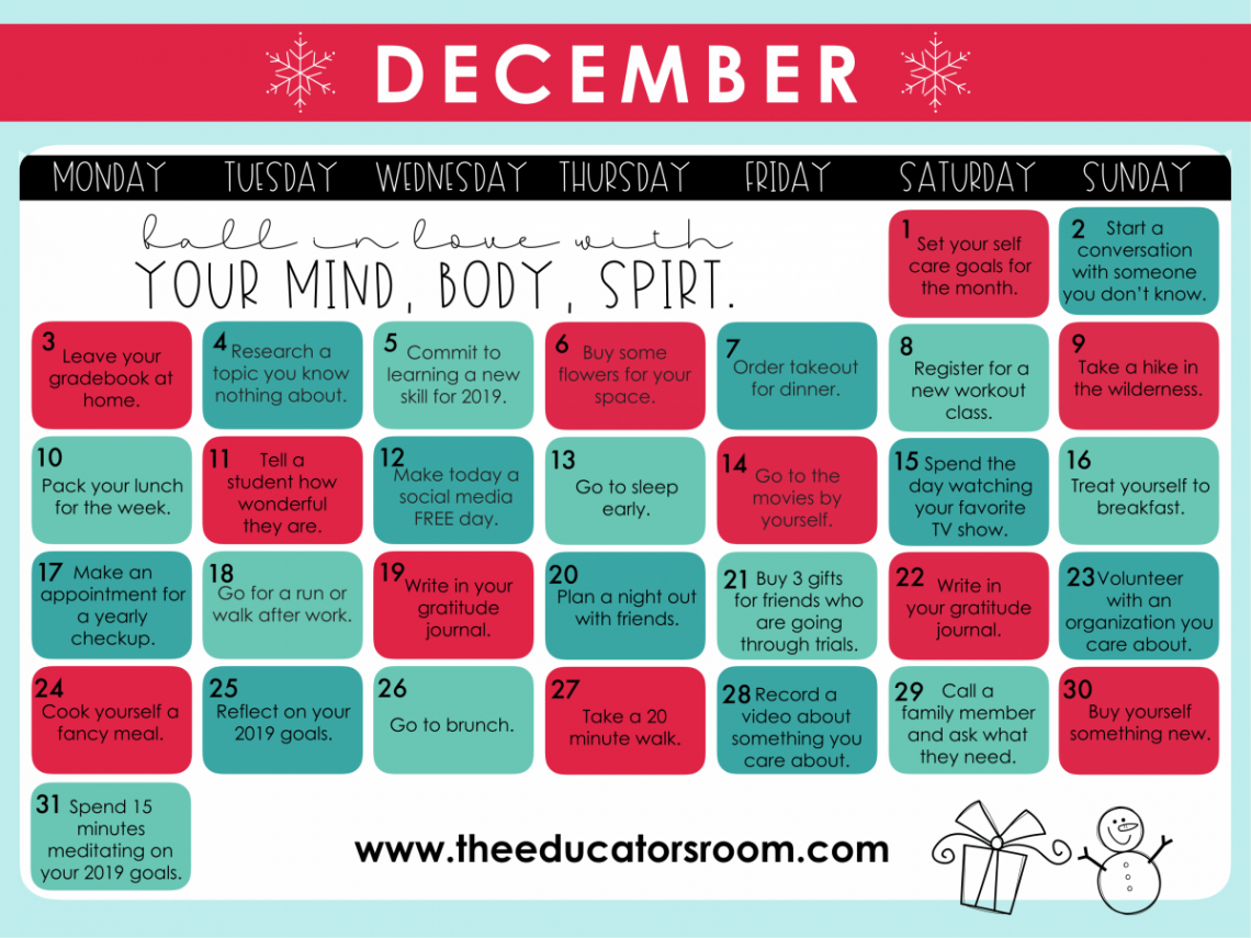 December] Teacher Self-Care Calendar - The Educators Room  Care