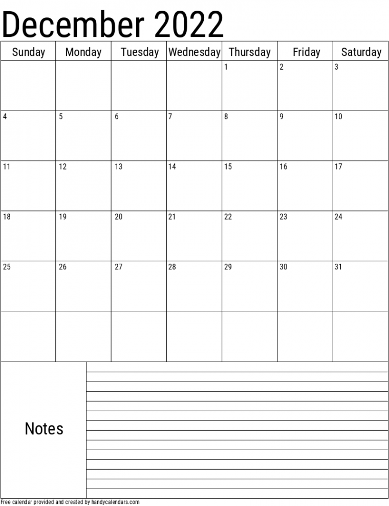 December  Vertical Calendar With Notes - Handy Calendars