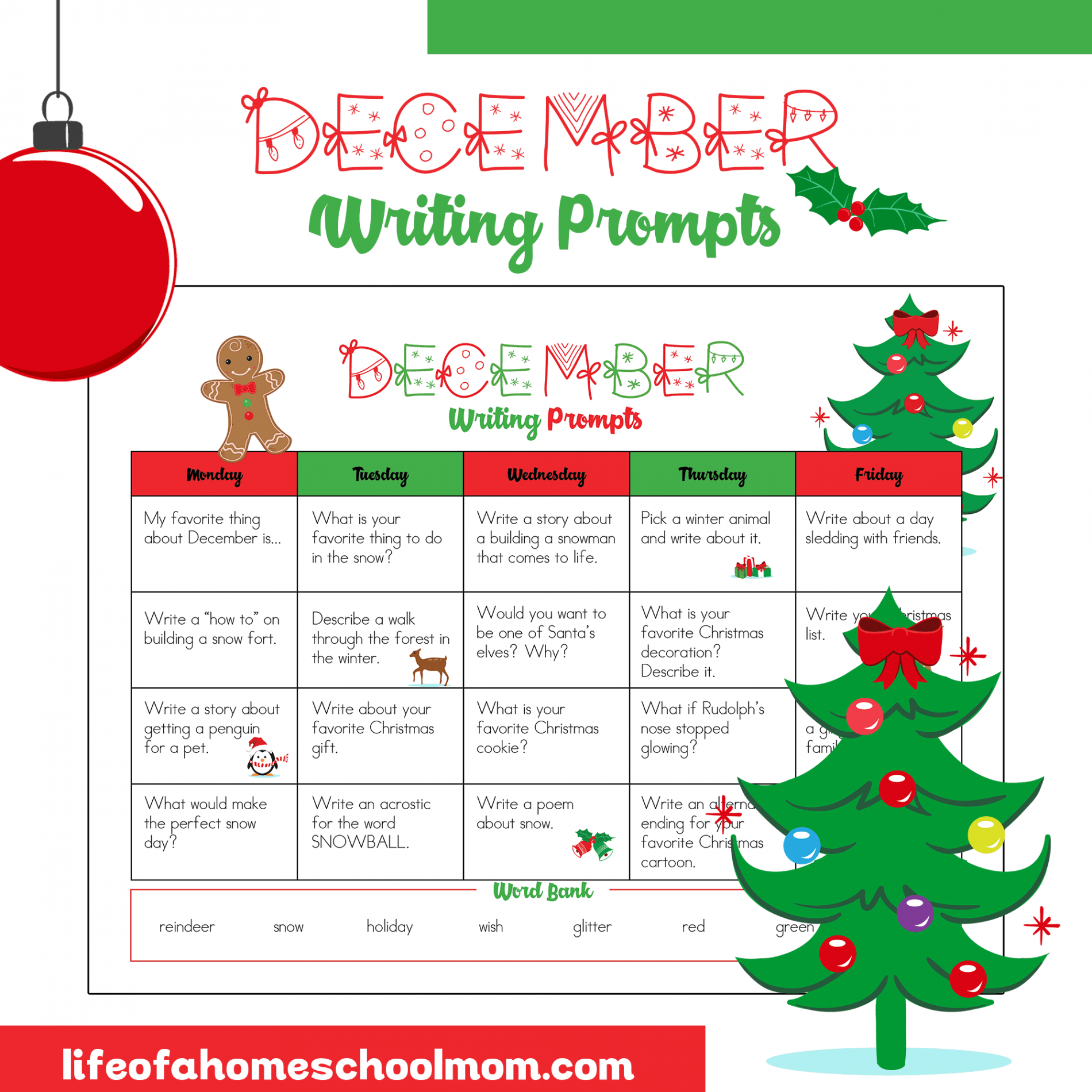 December Writing Prompts Calendar for Homeschool - Mom For All Seasons