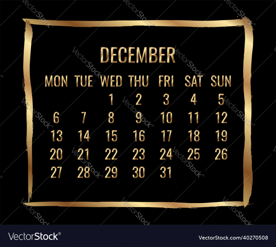 December year  monthly golden calendar Vector Image