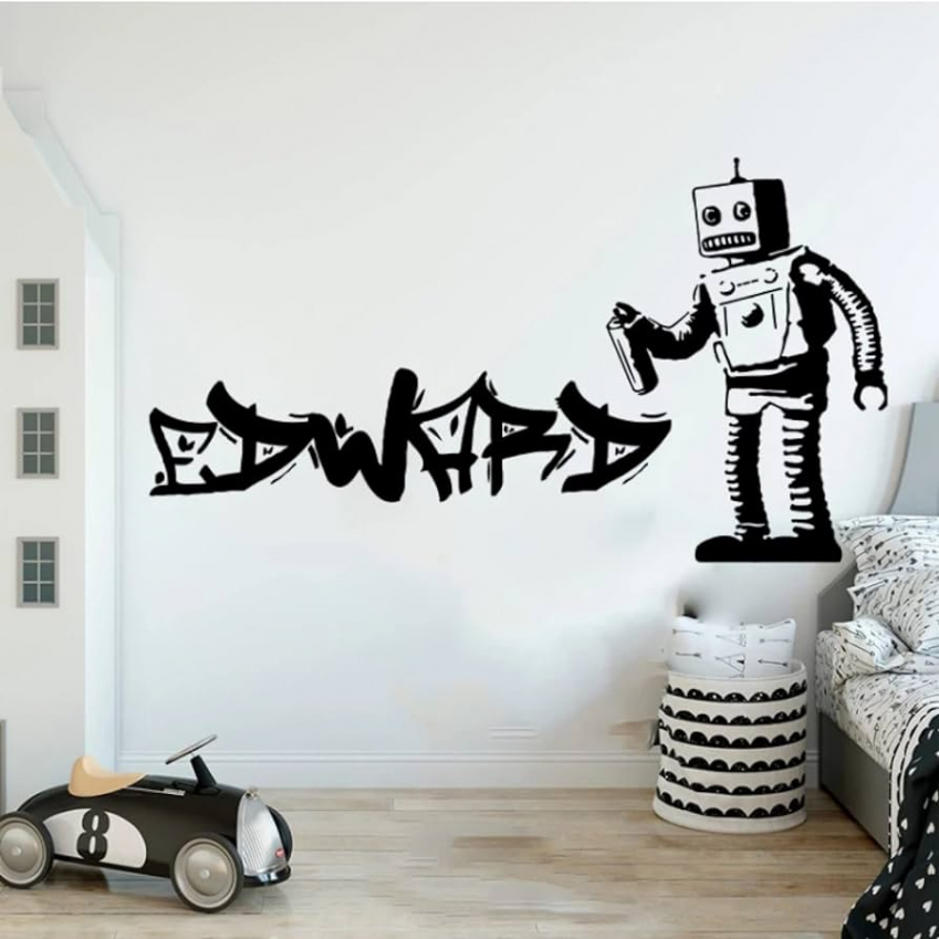 DIY Wall Sticker Custom Name Barcode Robot Graffiti Street Art Vinyl Home  Decor  x  cm Wall Stickers Home Interior Toddler Room