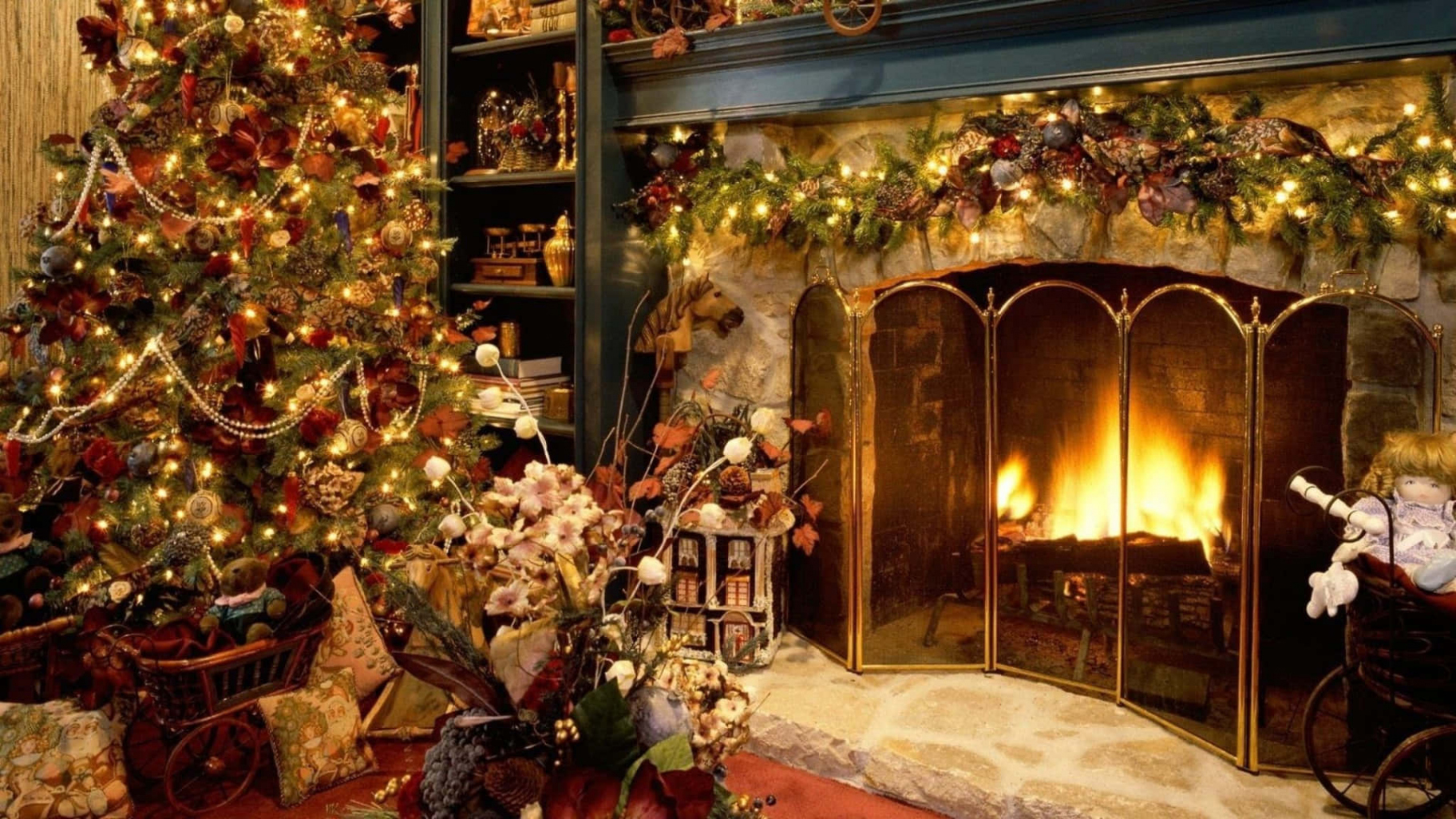 Download Christmas Fireplace With Fireguard Background