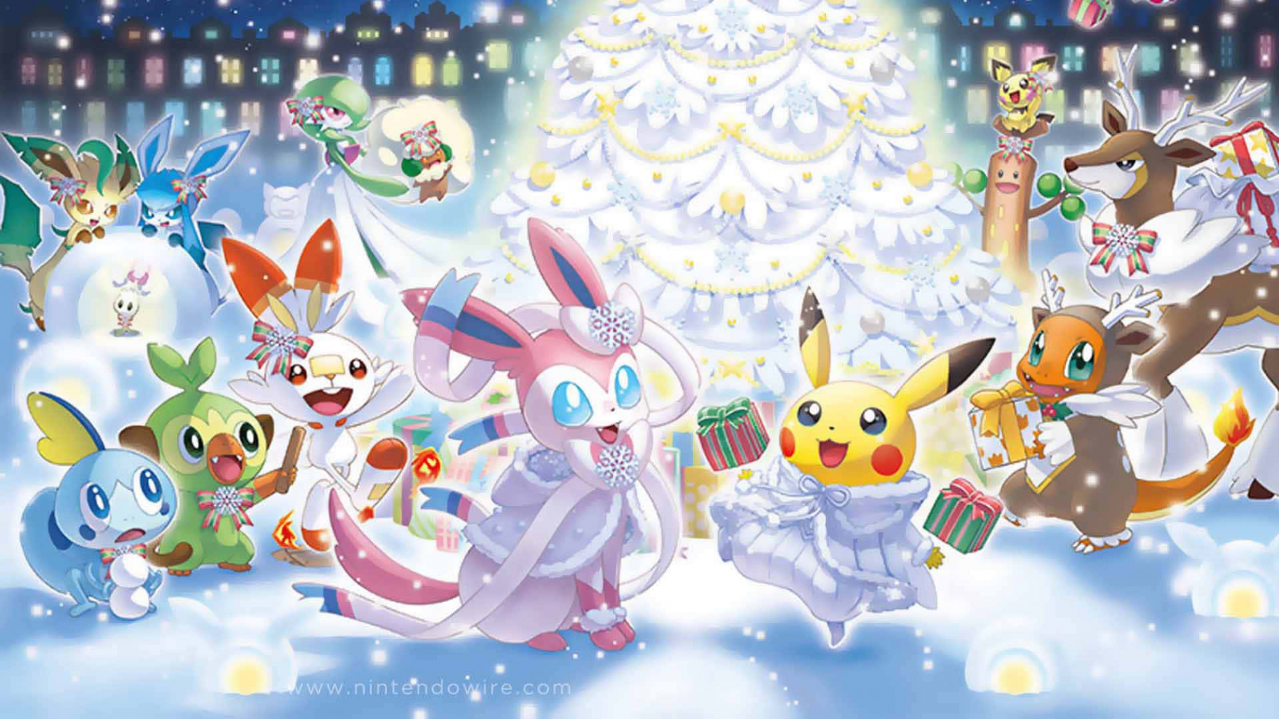 Download White-themed Pokémon Christmas Party Wallpaper