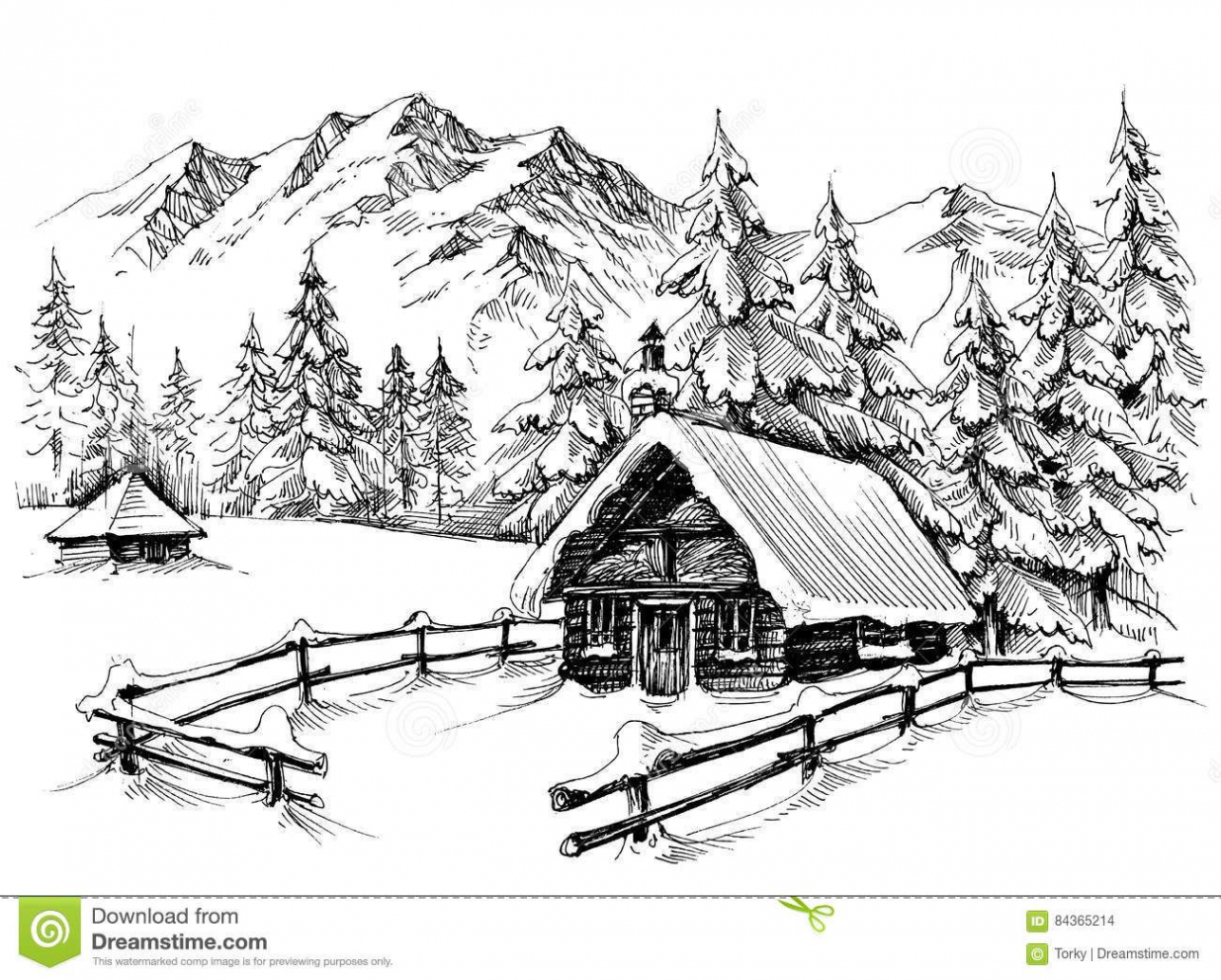 Download  Winter Cabin Drawing Stock Illustrations, Vectors