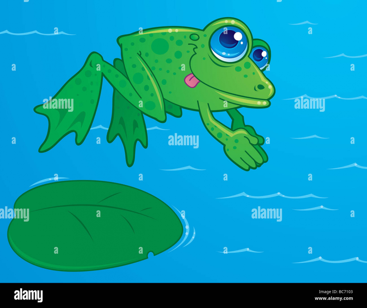 Drawing of a cute frog diving off of a lily pad into water