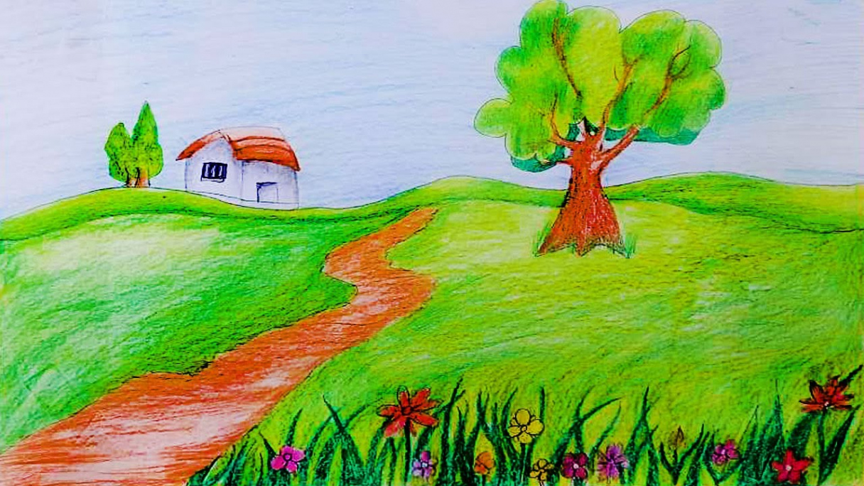 Easy landscape drawing tutorial  Landscape drawing  How to draw scenery   Drawing nature easy