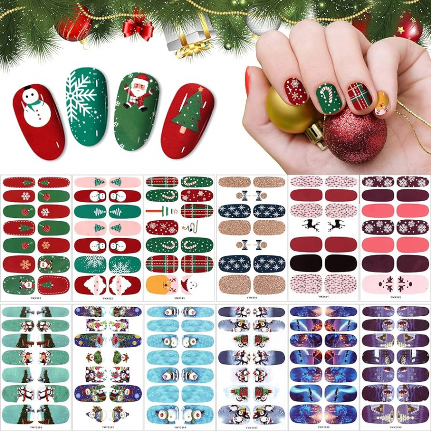 EBANKU  Sheets Christmas Full Nail Wraps, Self-Adhesive Nail Art Stickers  Snowflake Santa Penguin Snowman Christmas Tree Nail Art Decals Strips with