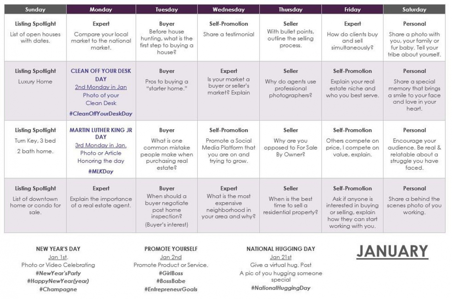 EDITABLE Real Estate Agent Social Media Content Calendar L