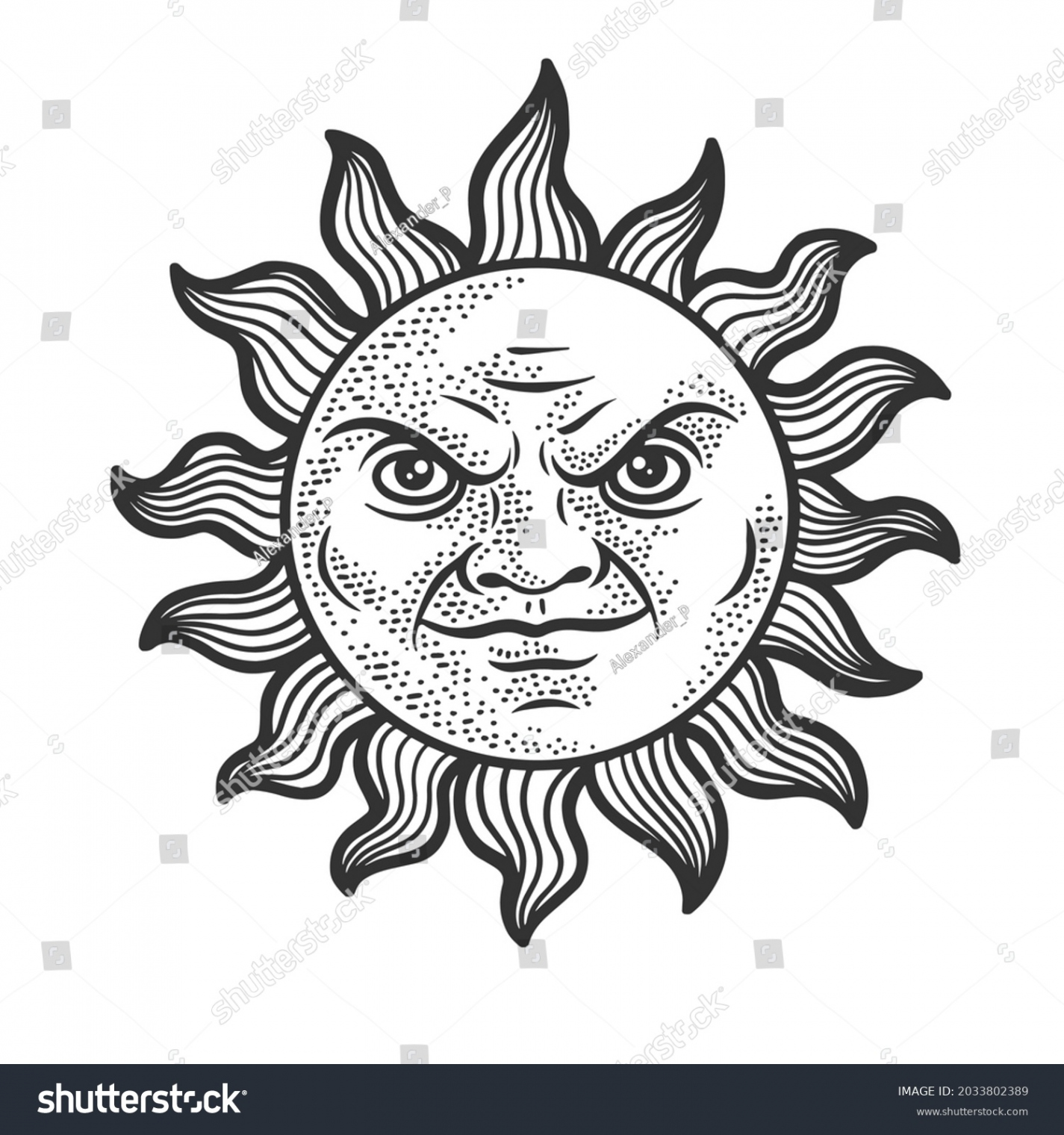 Evil Cartoon Sun Sketch Engraving Vector Stock Vector (Royalty