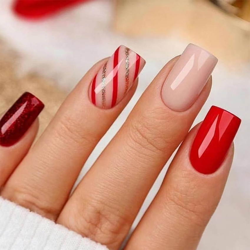 False Nails Christmas Short Square Red Stick On Strips Press On