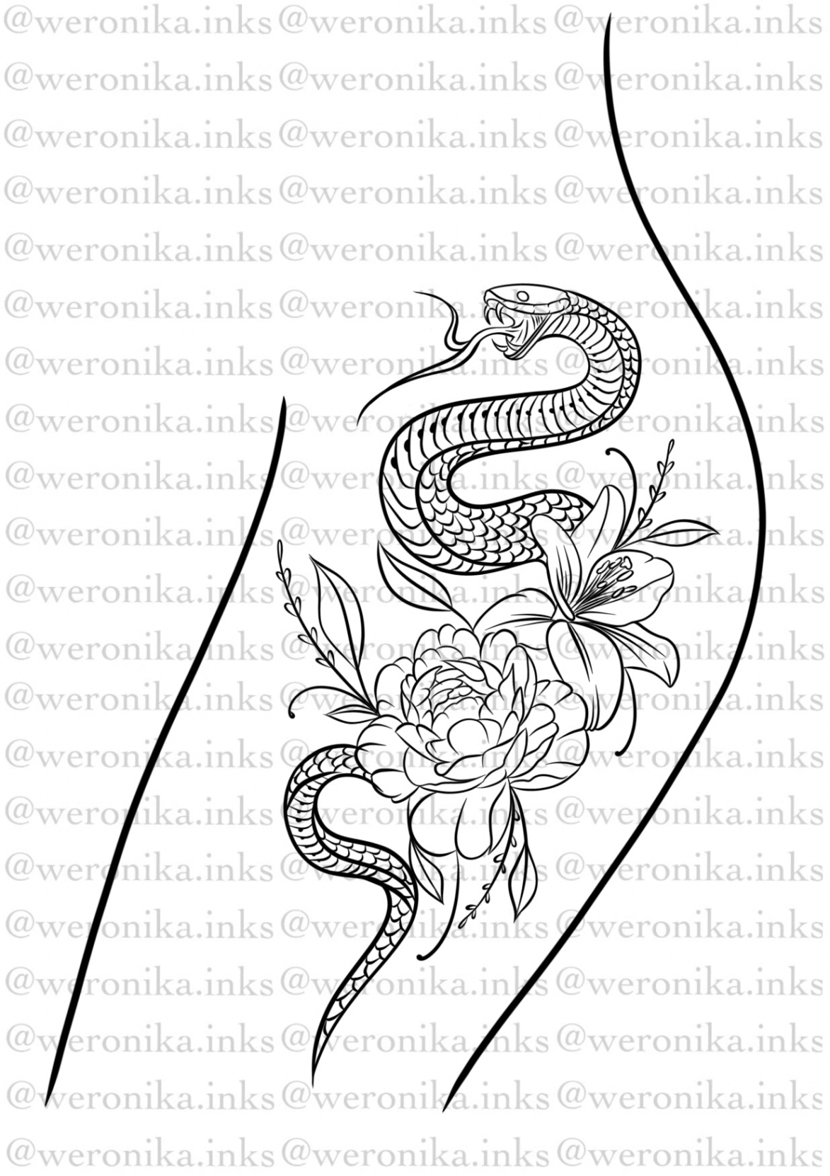 Floral Snake Thigh Tattoo